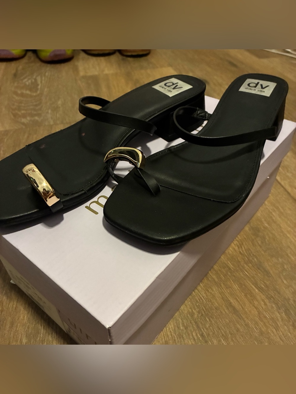 Dolce Vita Black Leather Toe-Ring Sandals with Gold Accent